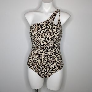 Ibiza black tan cheetah leopard print one shoulder one piece swimsuit L